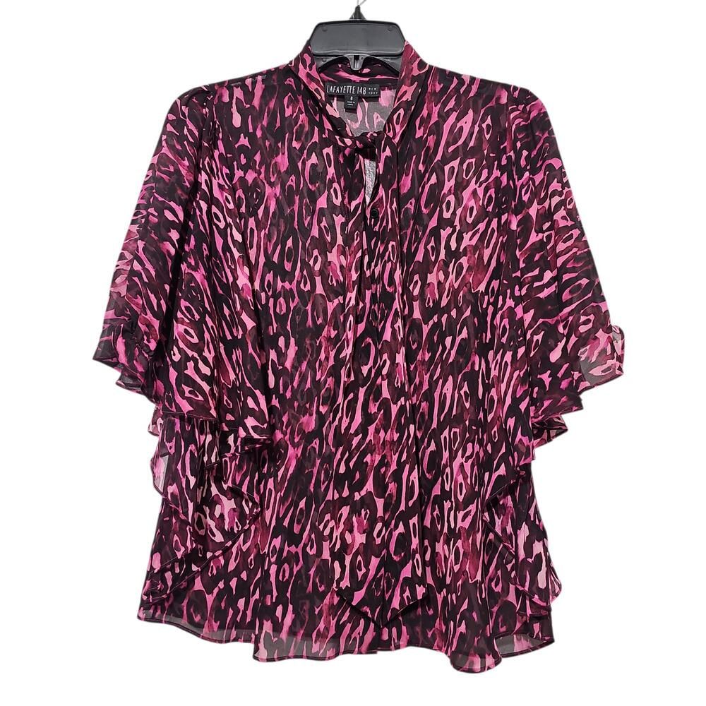 Lafayette 148 100% Silk Blouse Tie Neck Animal Print Womens 8 Medium Pink